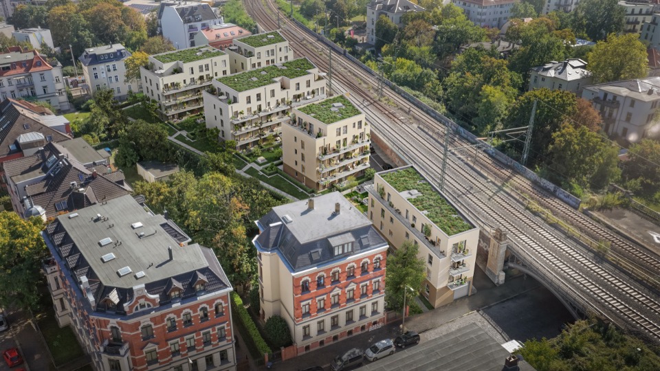 Neubauprojekt FÜNF GRÜN in Leipzig mit modernen Eigentumswohnungen, Dachbegrünung und nachhaltiger Architektur in urbaner Lage.