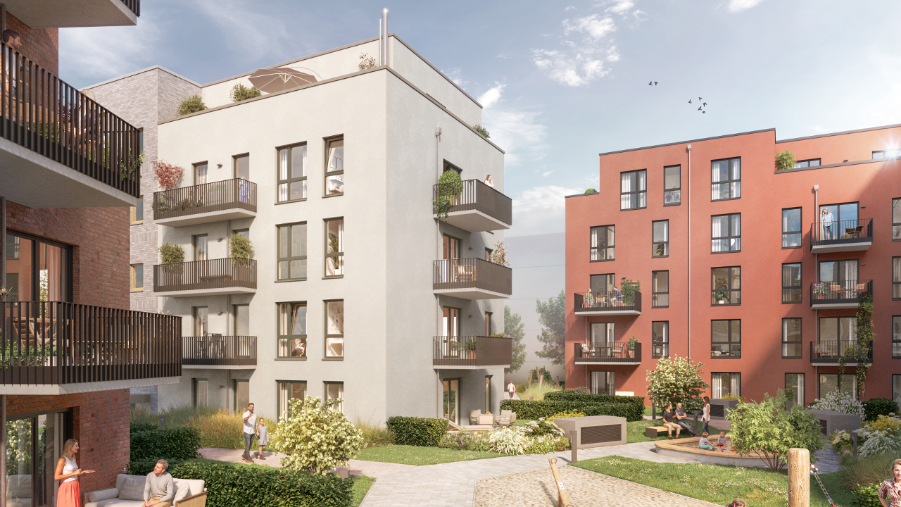 Nordlicht Norderstedt – moderne Neubauwohnungen im zweiten Bauabschnitt mit großzügigen Balkonen, begrünten Außenanlagen und familienfreundlichem Wohnumfeld vor den Toren Hamburgs.